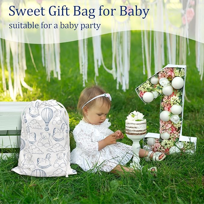 DSHFG Light Blue Chinoiserie Birthday Drawstring Gift Wrap Bags, Cute Chinoiserie Toy Bear Baby Shower Drawstring Gift Bags Canvas, Blue and White Small Happy Birthday Bag, 10x13 Inch