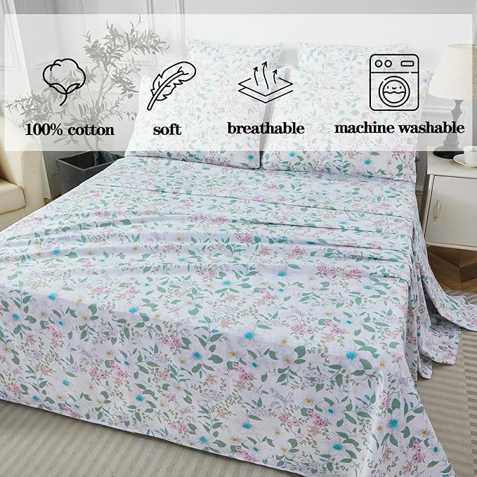 FADFAY Full Size Sheets Set 100% Cotton Vintage Floral Shabby Flowers & Leaves Pattern Farmhouse Bedding Set Deep Pocket Sheets with 2 Pillowcases Breathable Soft 4Pcs, Full