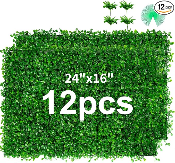 12 Pieces 24"x 16" Artificial Boxwood Panel, Grass Wall Panel, Boxwood Hedge Wall Panels UV Protected Suitable for Artificial Green Wall Decor, Fence Garden Wedding Backyard Decor
