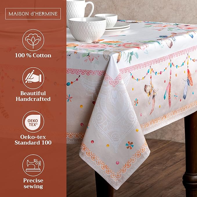 Maison d' Hermine Table Cloth Rectangle Table 100% Cotton 54 x 72 Inches Tablecloth Reusable Decorative for Dining Room, Farmhouse, Home, Party, Festive & Wedding Spring Summer - Ibiza - Beige
