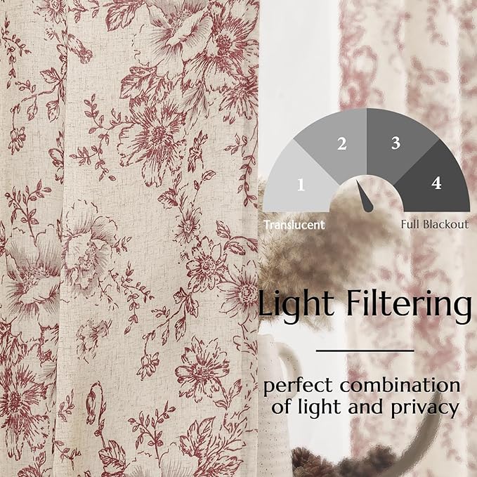 jinchan Lined Linen Blend Curtain Floral Curtains for Living Room 96 Inches Long Christmas Red Peony Flower Printed Curtain Rod Pocket Back Tab Farmhouse Patterned Drapes Curtains Set 2 Panels