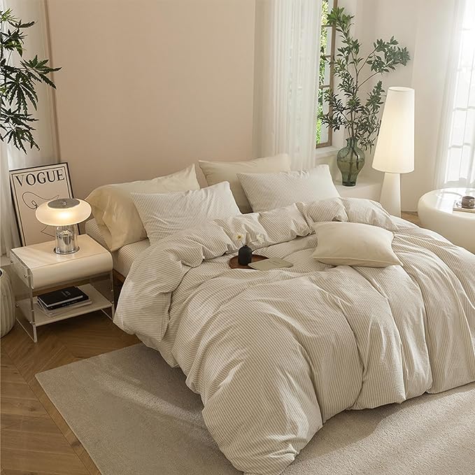 JIYUAN 100% Washed Cotton Striped Duvet Cover Set 3 Pieces King, 1 Duvet Cover and 2 Pillowcases(Comforter Not Included),Linen Like Bedding Set Comfy and Breathable,Pinstripes-Heathered Beige White