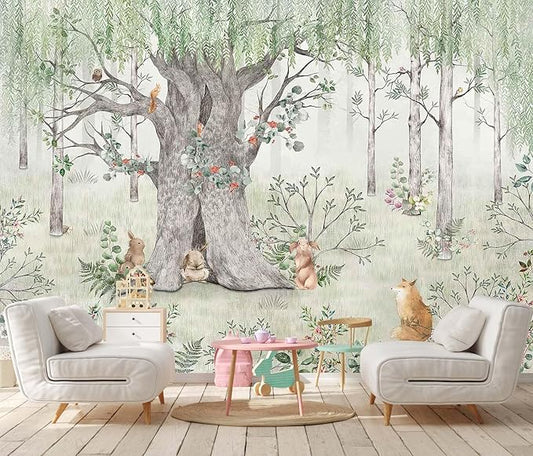 Green Forest Wallpaper Fox Pine Mouse Big Tree Mural for Children's Room Living Room Bedroom (Not Self-Adhesive)