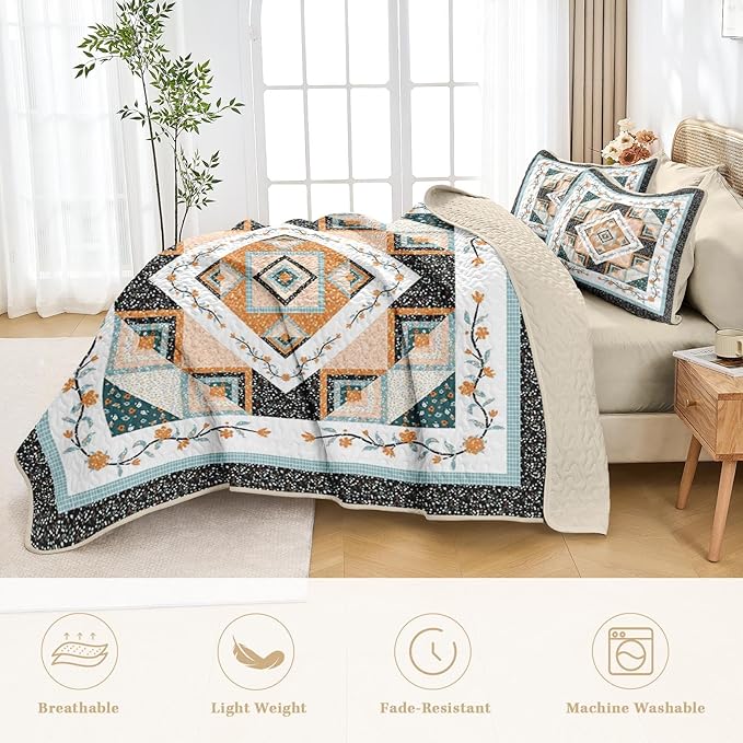 Quilt Set Full/Queen Size, Farmhouse Floral 3 Pcs Soft Bed Cover Bedding Set, Boho Rustic Geometric Lightweight Bedspread Coverlet with 2 Pillow Sham for All Season