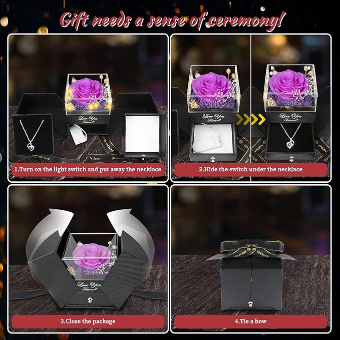 Preserved Purple Real Rose-Eternal Flowers Rose Gifts for Mom Grandma Wife Girlfriend on Mothers Day Birthday Valentines Christmas Anniversary Romantic Gifts for Her with I Love You Necklace