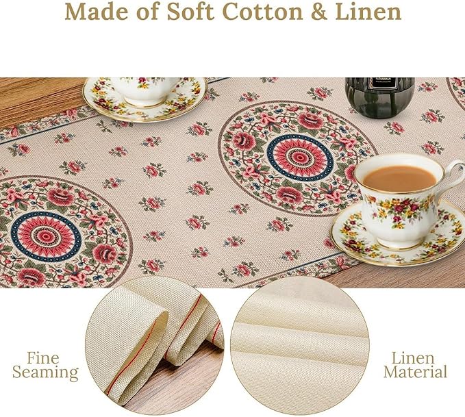 Bohemian Floral Table Runner, Vintage Ethnic Mandala Pink Flowers Boho Design Table Runner for Kitchen Dining Party Wedding, 13x70 Inch