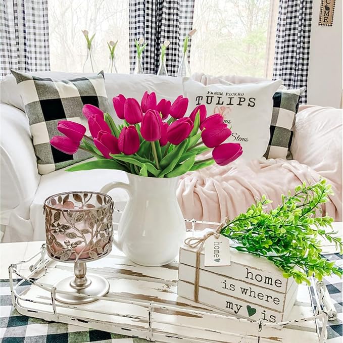 Beferr 18pcs Tulips Artificial Flowers Faux Tulip Real Touch Fake Flowers Bouquets Arrangements for Mothers Day Easter Spring Flowers Gifts Home Table Decor Rose Red