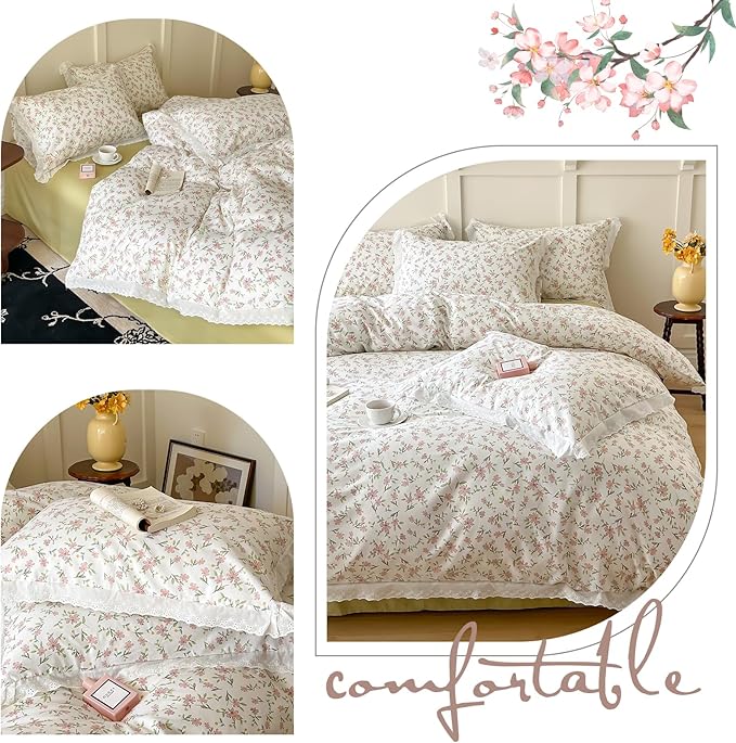 LifeTB Ruffle Duvet Cover Twin 100% Cotton Pink Flower Duvet Cover Girls Princess Lace Bedding Set Vintage Floral Botanical Comforter Cover with Chic White Ruffle Lace Cute Floral Bedding Set Twin