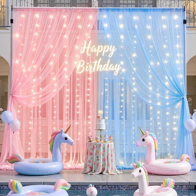 10ft x 8ft Pink Blue Tulle Photo Backdrop Curtain with Lights String for Gender Reveal Sheer Curtain Back Drop Baby Shower Backdrop for Boy or Girls Birthday Party Photo Booth Background Decorations