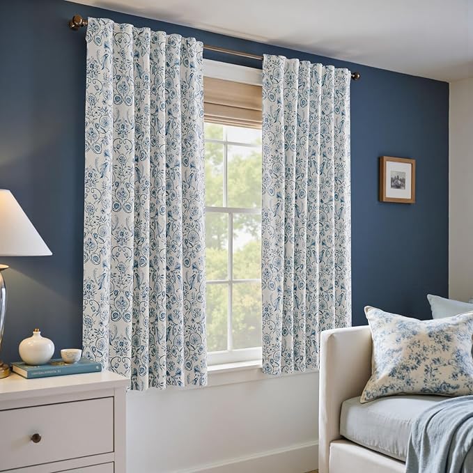 jinchan Floral Blackout Curtains for Bedroom Living Room 63 Inches Length Farmhouse Curtains Room Darkening Vintage Short Drapes Traditional Rod Pocket Window Treatment 2 Panels Set Blue on Beige