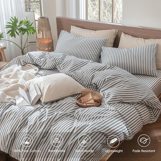MooMee Striped Duvet Cover Set 100% Washed Cotton Linen Like Textured Breathable Durable Soft Comfy (Dark Grey White Classic Stripes, Palatial King/Oversized King 120"x98")