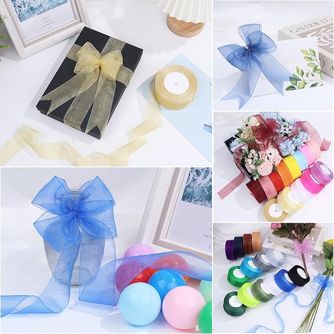 1-1/2 Inch x 50 Yards Sheer Organza Ribbon Chiffon Ribbon for Gift Wedding Flower Bouquet Wrapping Decorations Crafts (Blue)