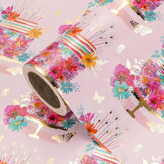 WRAPAHOLIC Foil Pink Birthday Wrapping Paper - Mini Roll - 17 Inch x 16.5 Feet - Floral Cake Wrapping Paper for Kids Girls Women Birthday, Baby Shower, Bridal Shower, Wedding
