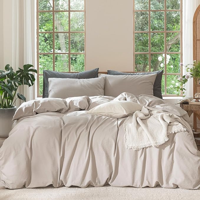 MooMee Bedding Duvet Cover Set 100% Washed Cotton Linen Like Textured Breathable Durable Soft Comfy (Solid Light Tan, Oversized King Plus 128"x120")