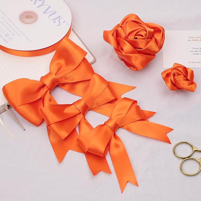 Double Faced Orange Satin Ribbon, 1-1/2 Inch X 25 Yards Polyester Ribbon for Gift Package Wrapping, Crafts, Bow Making, Sewing, Flower Bouquet, Wedding Party Decor