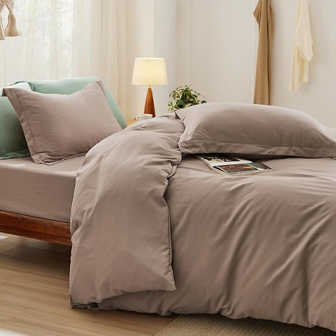Bedsure Duvet Cover Queen Size with Fitted Sheet - 4 Pieces Prewashed Cotton-Like Extra Soft Bedding Set, Includes 1 Duvet Cover 90x90 Inches with Zipper Closure, 2 Pillow Shams, 1 Fitted Sheet, Khaki