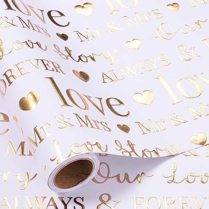 RUSPEPA Wedding Wrapping Paper Large Roll, Jumbo Roll, White and Gold Foil Love & Mr & Mrs Design, Romantic Gift Wrap for Wedding, Bridal Shower, Anniversary, Engagement, 30 Inches x 16.4 Feet