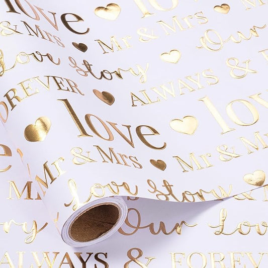 RUSPEPA Wrapping Paper Roll, Bridal Shower Gift Wrap, Mini Roll, 17 Inches x 16.5 Feet, White and Gold Foil LOVE Design for Wedding, Anniversary, Engagement