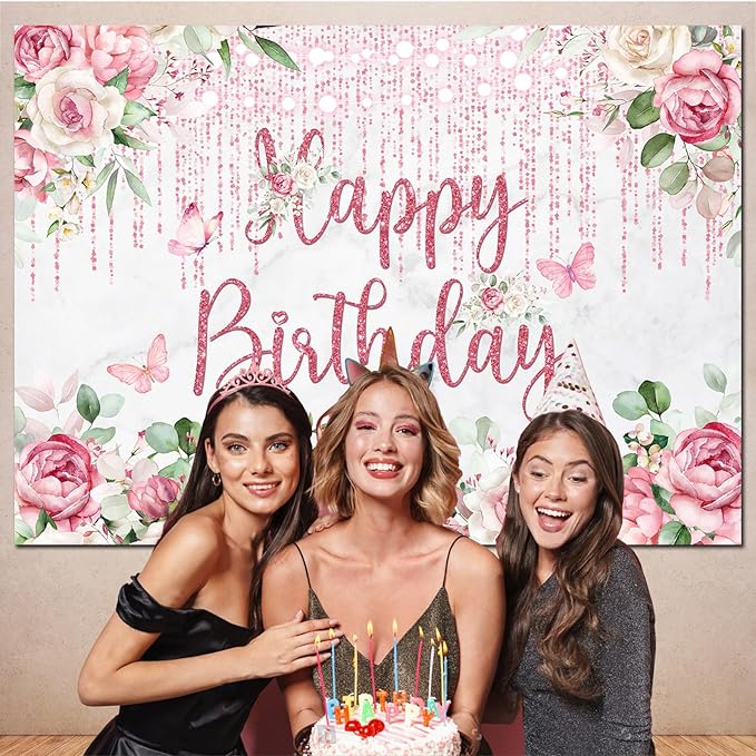 Rose Gold Birthday Backdrop Floral Birthday Decorations,Blush Pink Flower Glitters Happy Birthday Backdrops Banner Photography Background for Women Girls Bday Party Photo Booth Supplies 5x3ft