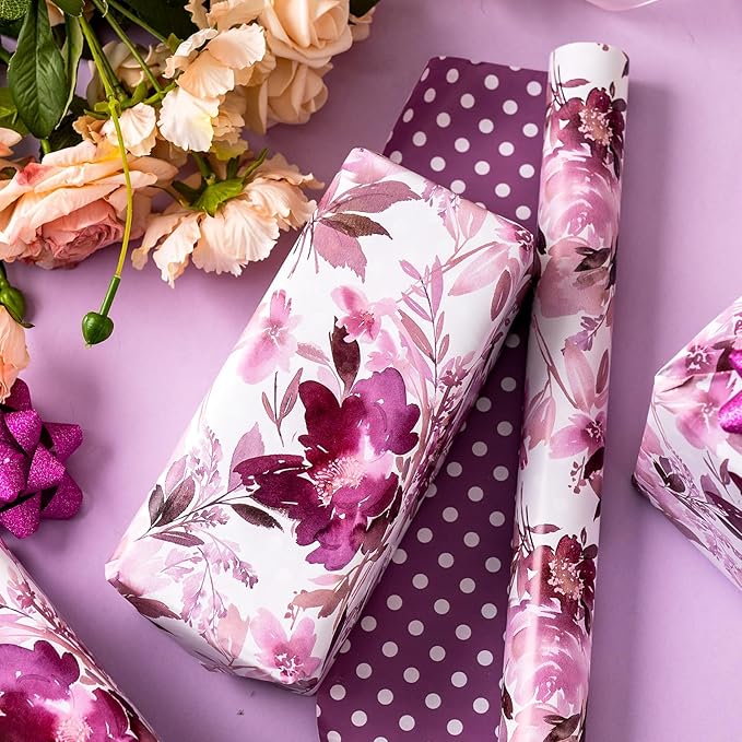 Burymento Purple flowers Wrapping Paper, Reversible Color Happy Birthday Gift Wrap for Birthday, Valentines, Mothers day, Graduation, Wedding, Fathers day, Baby Shower, Christmas (17in x 16.4ft)