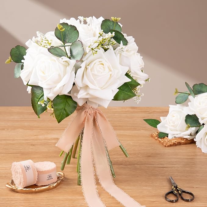 DORIS HOME Nude Pink Chiffon Ribbon for Flower Bouquet, 1" x21Yd Fabric Ribbon for Gift Wrapping, Handmade Frayed Ribbon for Wedding Invitations/Christmas Decorations