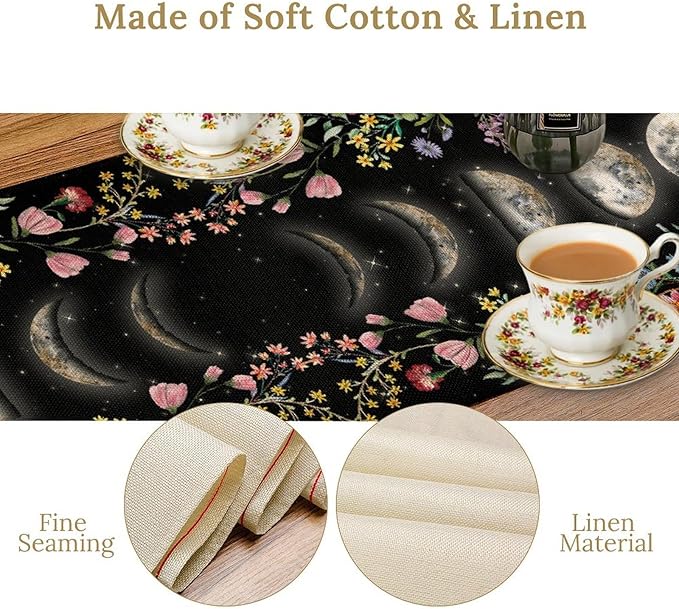 Boho Floral Table Runner, Spring Gothic Moon Phase Wildflower Mystical Witchy Farmhouse Coffee Table Center Decor for Home Kitchen Dining Patio Holiday Party Table Decorations 13x72 inches