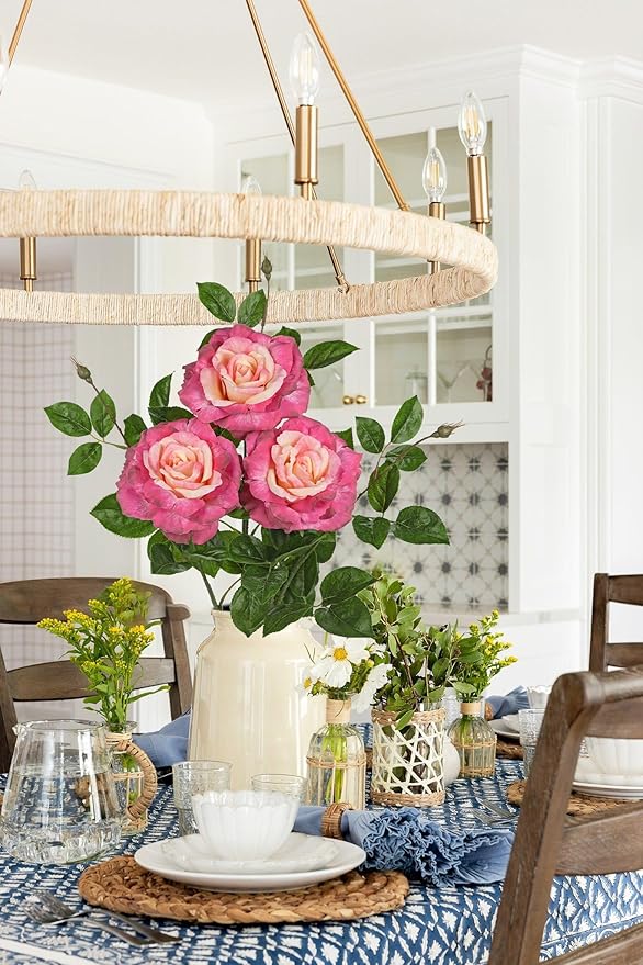 Hollyone 3Pcs Pink Roses Artificial Flowers Bouquets 26.3" Fake Flower Arrangements Silk Flowers Rose with Long Stem Floral Branch Faux Roses Flowers DIY Wedding Party Table Centerpieces Home Decor