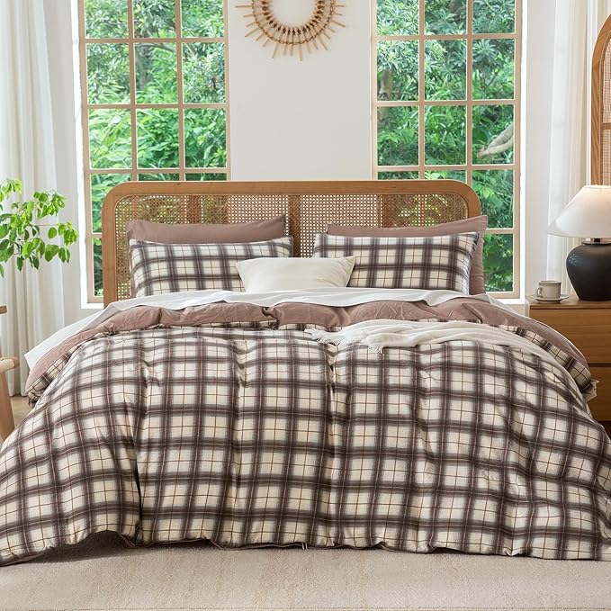Comforter Set King Plaid 3 Pieces Soft Crinkle Gauze Fabric Plaid Bedding, Vintage Style Checkered Gingham Comforter Set for All Seasons Luxury Warmth Comfy Breathable with 2 Pillowcases