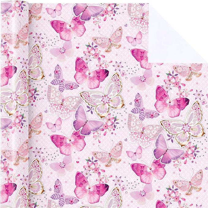 WRAPAHOLIC Pink Butterfly Wrapping Paper Roll - Mini Roll - 17 Inch x 9.8 Feet - Fantasy Butterfly Design, Perfect for Birthday, Wedding, Bridal Shower