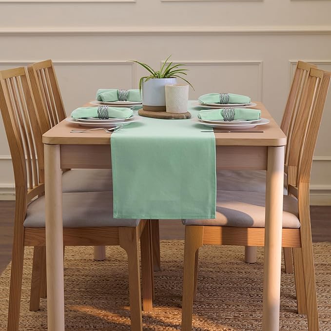 Encasa XO Table Runner 13"x104" Long | Cotton Canvas Fabric | Mint Green Solid Color | Machine Washable & Durable