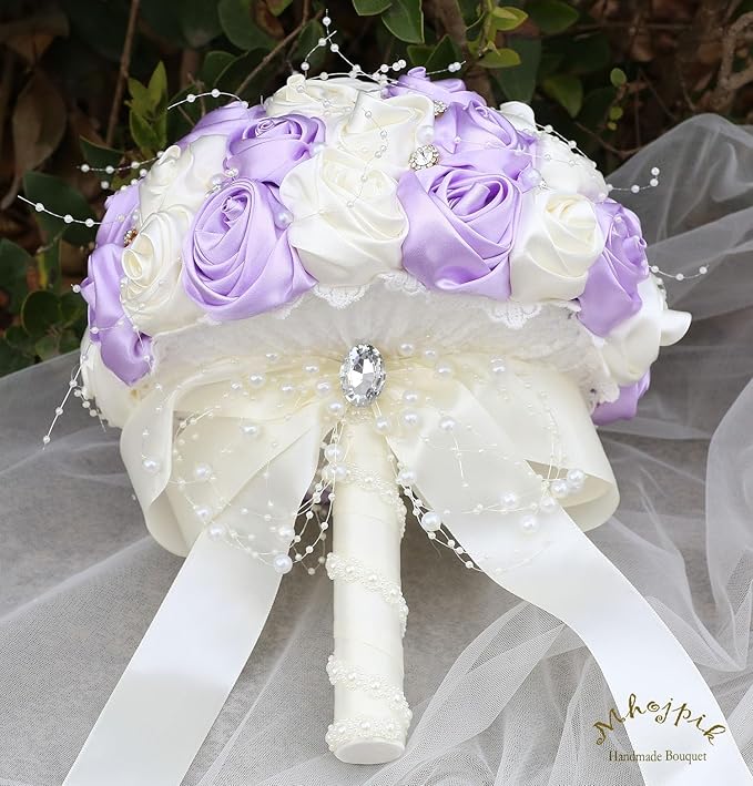 Bridal Wedding Bouquet Round Bling Brooch Bouquet Throw Toss Artificial Rose Flower Bunch for Bride Bridesmaid Wedding Quinceanera(Light Purple & Ivory, 6.3")