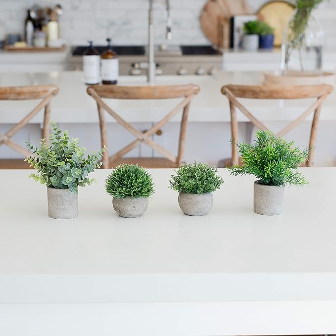 Artificial Plants for Home Decor Indoor. 4 Mini Plants, Rosemary Faux Plant Decor, Eucalyptus Plant, Grass Plants. Small Fake Shelf or Desk Greenery Décor