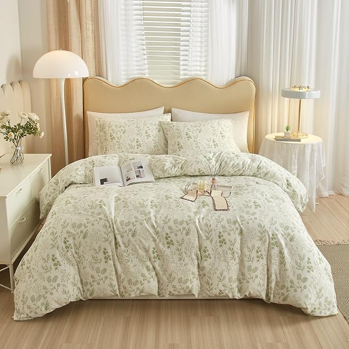 Garden Style Green Floral Comforter Set Queen White Soft Fluffy Microfiber Comforter Chic Floral Printed Bedding Set Vintage Flowers Leaves Botanical Comforter Set All Seasons Queen Comforter Set