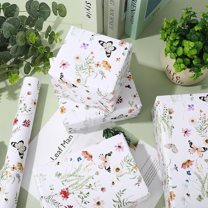 JarThenaAMCS Wildflower Wrapping Paper -Mini Roll- 17 Inch x 32.8Ft Watercolor Floral Butterfly Gift Wrap Paper Spring Art Paper for Wedding Bridal Baby Shower DIY Craft