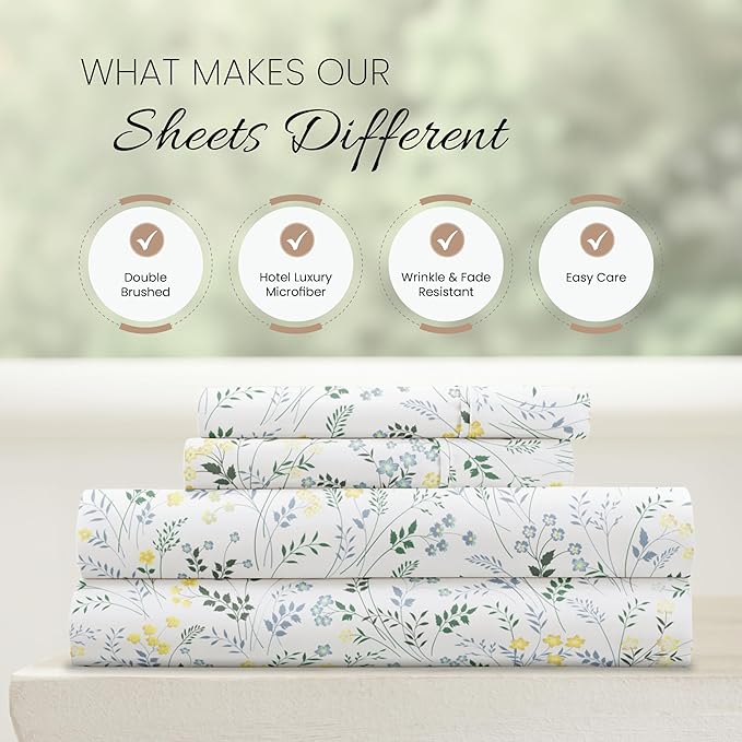 Linen Market Patterned Microfiber Queen Sheet Set 4 Piece – Oeko-TEX Certified Ultra Soft & Wrinkle-Free - 16" Deep Pocket Sheets - Easy Care Queen Size - Wildflower Light Blue