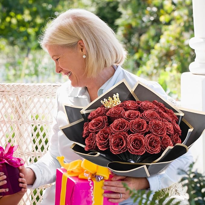 Waipfaru Glitter Roses Bouquet, DIY Fake Flowers Bouquet, Birthday Gifts for Women Mom, 36 Pcs Red Rose for Grandma Wife Girlfriend Valentines, Mothers Day, Anniversary, Graduation