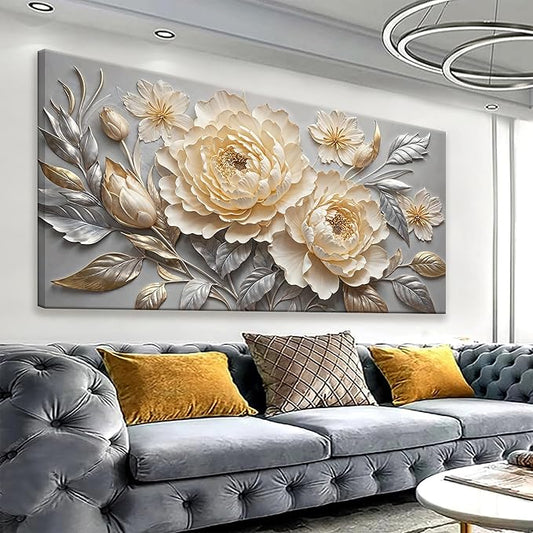 Canvas Art Wall Decor Prints Picture Flower Wall Art Landscape Painting Silver White Floral Wall Art Bedroom Bathroom Office Home Wall Decor 20" X 40" Ready To Hang