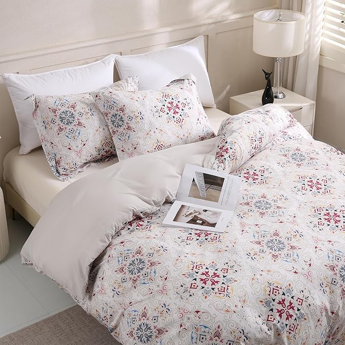 LONAVA Queen Boho 3 Pcs Duvet Cover Set, Breathable Soft Microfiber Concrete Lining Comforter Cover with Zipper Closure, and 2 Anti-Pilling, Fade Resistant Pillowcases, Cream Pasliey