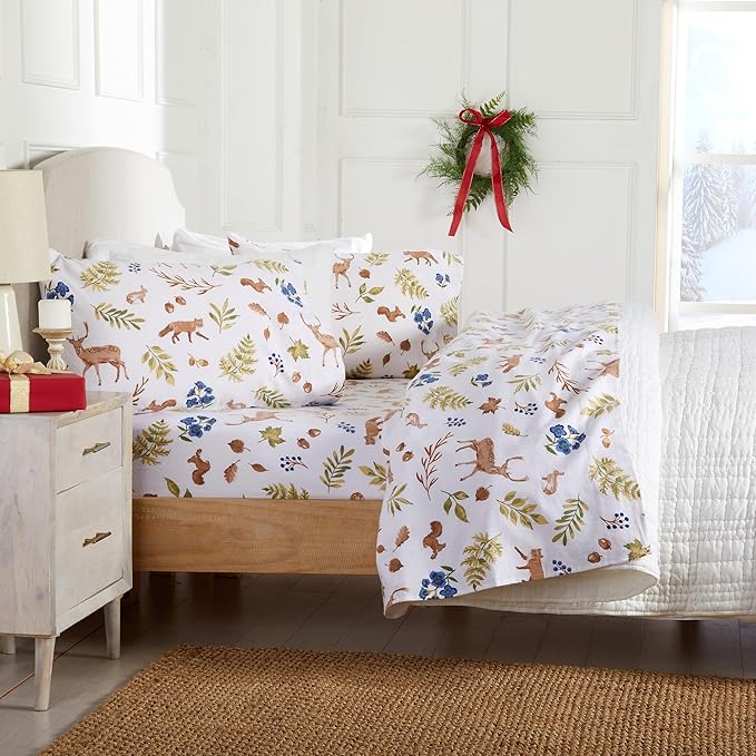 Market & Place 100% Cotton Queen Flannel Sheet Set | 4 Piece Deep Pocket Novelty Cozy Winter Bed Sheets | Double Brushed for Extra Softness & Comfort | Alpine Collection (Queen, Woodland Forest)