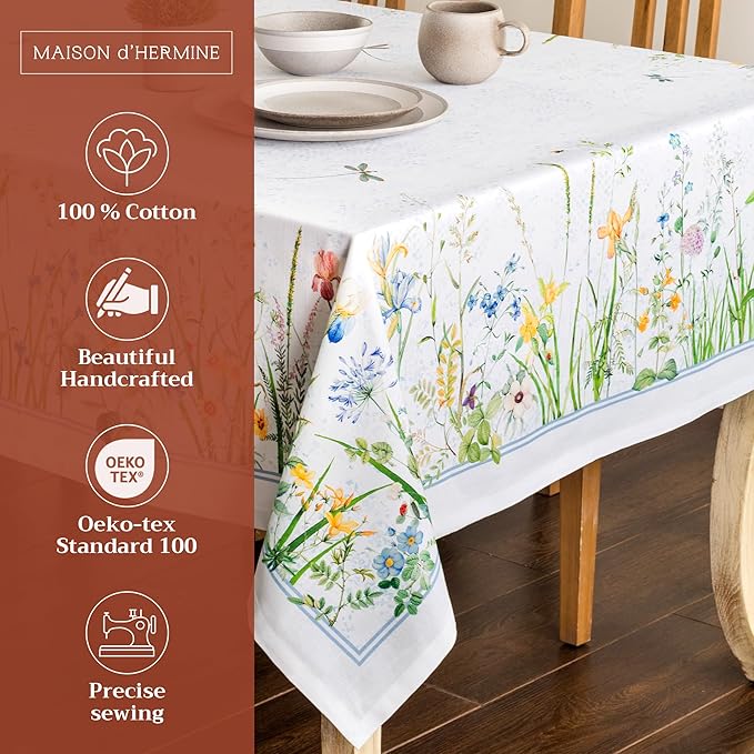 Maison d' Hermine Table Cloth Square Table 100% Cotton 54 x 54 Inches Tablecloth Reusable Decorative for Dining Room, Farmhouse, Home, Party, Festive & Wedding Spring Summer - Fleurs De Mai