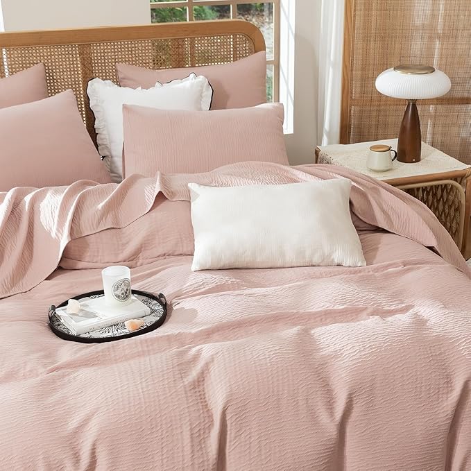 Duvet Cover Queen Dusty Rose, Luxury Soft Double-Layer Crinkle Gauze Rose Pink Duvet Cover, 3 Pieces Bedding for All-Season, Breathable with Zipper Closure & Corner Ties
