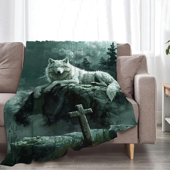 Wolf Christian Throw Blanket for Women Men Adults - Soft Warm Cozy Fleece for Couch Sofa Bed - Wolf Gifts and Decor - 60"x50"