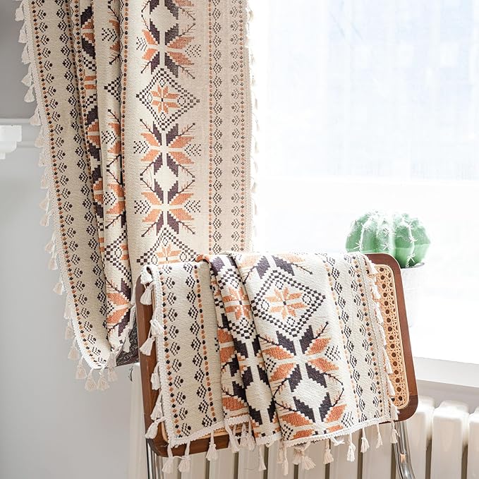 Boho Curtains 96 Inch Length 2 Panels Geometric Patterned Drapes Bohemian Semi Sheer Rod Pocket Tassel Window Curtain Panels for Bedroom Living Room Farmhouse Coffee Brown Vintage Rustic Curtains