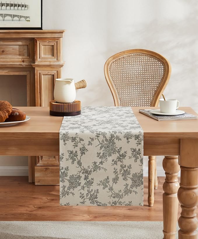 100% Cotton French Pastoral Table Runners, 13x48 Inch Black Farmhouse Table Runners 48 Inches Long, Vintage Flowers Print Home Decors