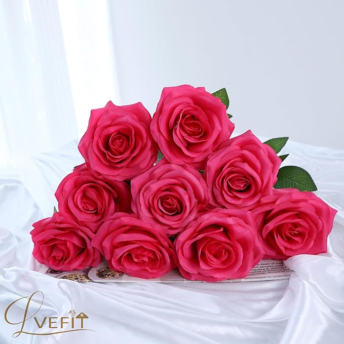 12pcs Artificial Rose Flower Hot Pink Rose Flower with Long Stem Silk Roses Bouquet for Wedding Bridal Shower Party Home Decoration