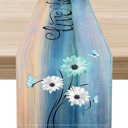 Daisy Table Runner, Vintage Blue Style Wild Flower Table Decor for Home Kitchen Dining Patio Holiday Party Indoor Outdoor Table Decorations 13x72 inch