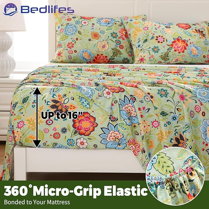 Bedlifes Queen Floral 4-Piece Sheet Set - Cooling Sheets Blend Rayon Derived from Bamboo,Soft & Breathable, Deep Pocket 16", Wrinkle Resistant - Vibrant Boho Floral Sage Green