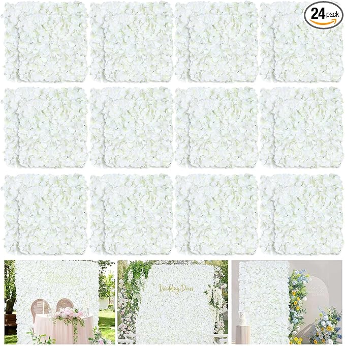 White Flower Wall Panels Backdrop with Green: Wedding Artificial Flower Wall Backdrop 5ft by 7.5ft Hydrangea Floral Wall for Wedding Anniversary Party Decoration (24 Pcs 15 x 15 Inch)