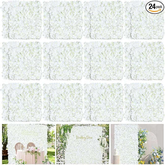 White Flower Wall Panels Backdrop with Green: Wedding Artificial Flower Wall Backdrop 5ft by 7.5ft Hydrangea Floral Wall for Wedding Anniversary Party Decoration (24 Pcs 15 x 15 Inch)