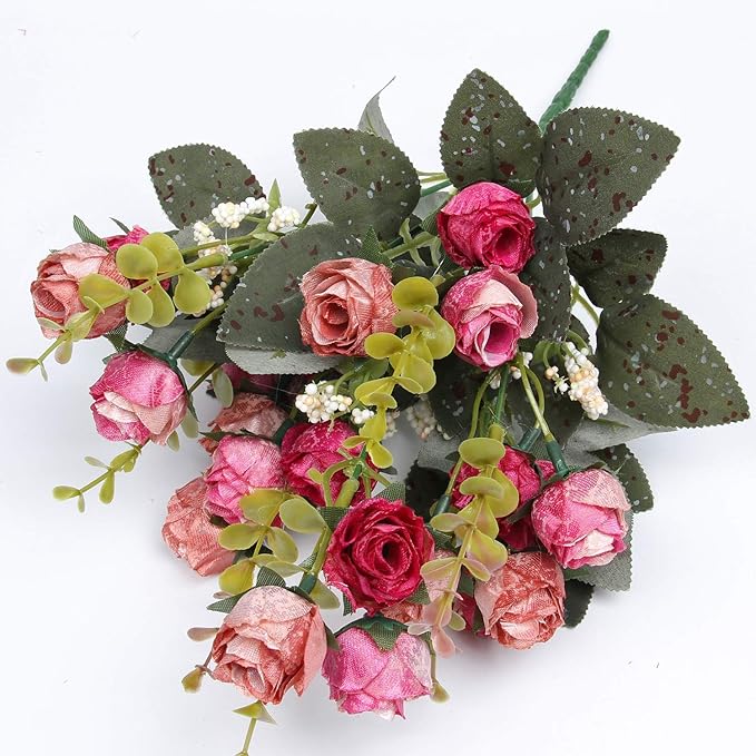 Flojery 21 Heads Silk Rose Bouquet Artificial Flowers Mini Rose for DIY Wedding Bouquets Centerpieces Bridal Shower Party Home Decorations,Pack of 4 （Rose Red）